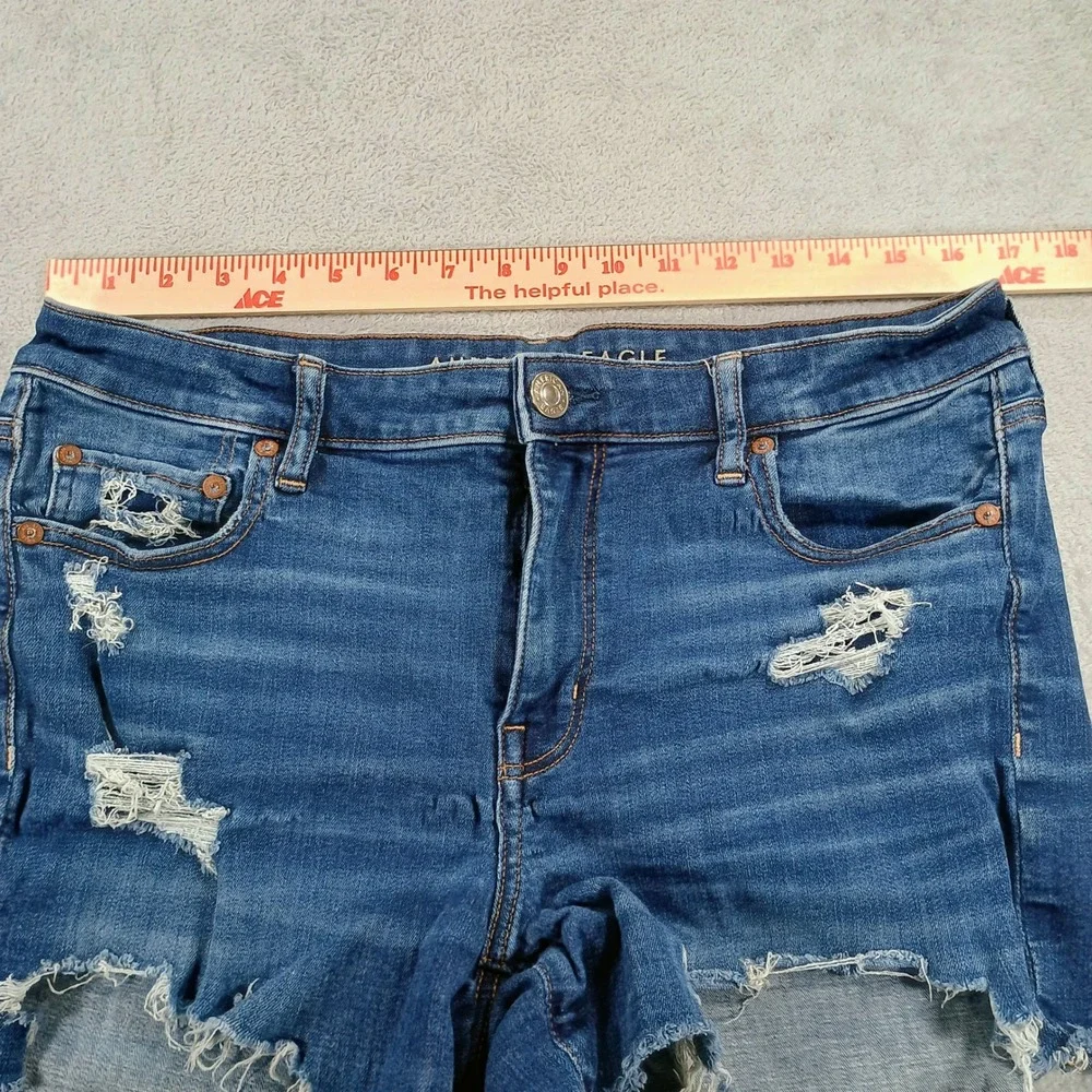 American Eagle Women Distressed Denim Shorts Blue 12 Next Level Stretch